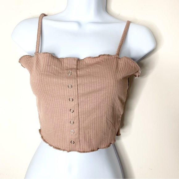 Primark Women’s Crop Tank Top Button Front Taupe Lettuce trim Ribbed Size Small - Picture 9 of 9